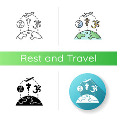 Religious tourism icon. Linear black and RGB color styles. Spiritual journey, pilgrimage. Exploring worlds religions. Taoism, christianity and hinduism signs isolated vector illustrations