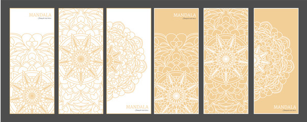 Gold mandala card set, collection of yoga cards. Hand drawn mandala design. Vector templates for printing posters, advertising banners, yoga studio and spa.