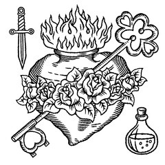 Old school tattoo logo set with heart, roses, key, bottle and knife with outline in black and white colors and retro style