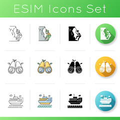 Modern tourist activities icons set. Linear, black and RGB color styles. Luxurious sea cruise, birdwatching hobby and mountaineering. Tourist agency service. Isolated vector illustrations
