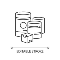 Raw materials pixel perfect linear icon. Natural resources, manufacturing thin line customizable illustration. Contour symbol. Box and barrels vector isolated outline drawing. Editable stroke