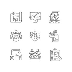 Manufacturing process pixel perfect linear icons set. Industrial production line customizable thin line contour symbols. Product development. Isolated vector outline illustrations. Editable stroke
