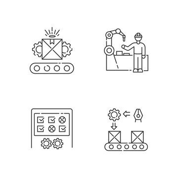 Continuous production flow pixel perfect linear icons set. Training, custom manufacturing and testing customizable thin line contour symbols. Isolated vector outline illustrations. Editable stroke