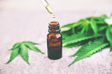 Cannabis essential oil in a small bottle. Selective focus.