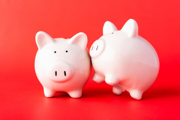 International Friendship Day, Front two small white fat piggy bank, studio shot isolated on red background and copy space for use, Finance, deposit saving money concept