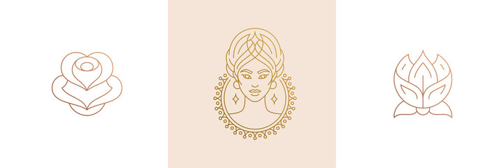 Vector line feminine decoration design elements set - flowers and female gesture hands illustrations linear style