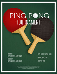 Ping Pong Tournament. Table tennis background. Two rackets on green table. Poster Design vector template  - 362901693