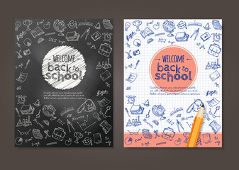 Welcome back to school background, with hand drawn doodle elements and realistic pencil. Vector template for flyer or poster, brochure design. 