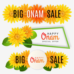 Three Onam Sale banners. Floral decorated text  in creative frame.  Poster, Banner or Flyer design for South Indian Festival celebration.