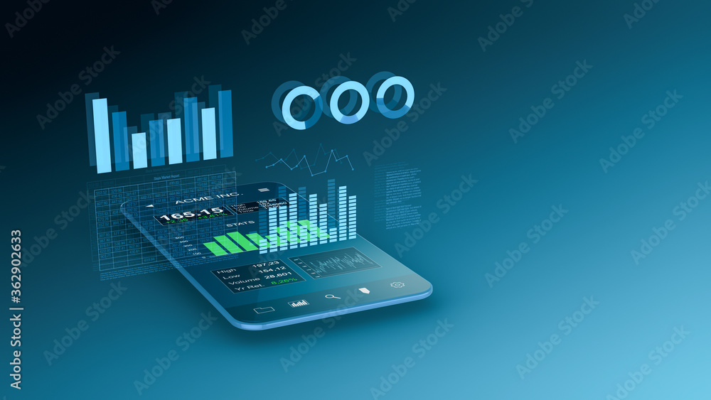 Poster modern smartphone with a stock market app, futuristic holographic interface with charts and data, co