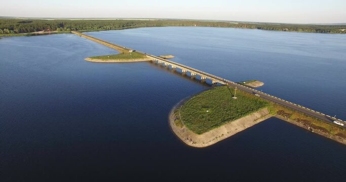 Aerial view to bridge on river at sunset, Severskiy Donets river