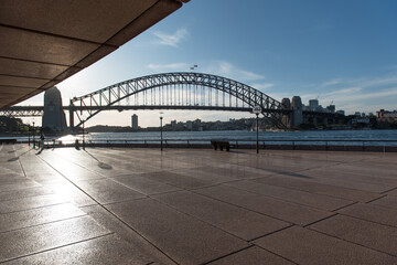 "Sydney, NSW / Australia - April 17, 2020: Sydney Opera House and Circular Quay surroundings completely isolated and with social distancing due to Coronavirus outbreak"