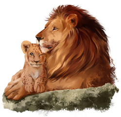 Dad lion and a little lion cub. Watercolor drawing © Kajenna