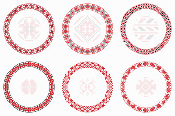 Slavic geometric round patterns set. Borders, frames. Vector illustration of round Slavic embroidery ornament elements with seamless pattern brushes