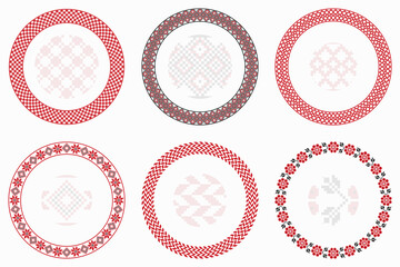 Slavic geometric round patterns set. Borders, frames. Vector illustration of round Slavic embroidery ornament elements with seamless pattern brushes