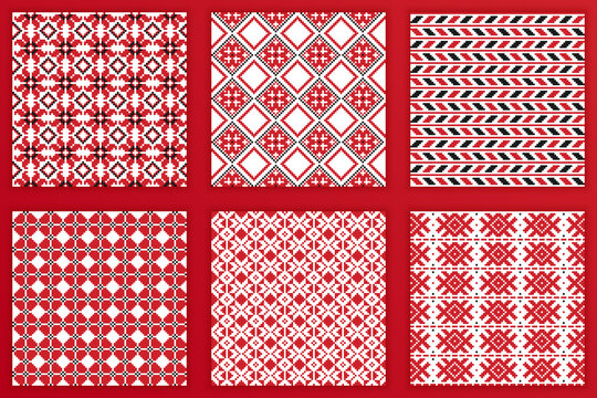 Slavic geometric seamless patterns set. Vector illustration of tileable Slavic embroidery backgrounds