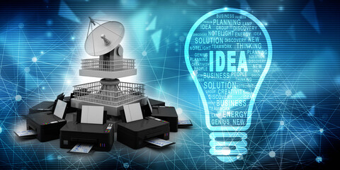 3d illustration Generic inkjet printer CMYK cartridges with Satellite