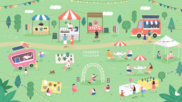 Summer fair festival food, Summer flea market. sale family festival event, marketplace and tent vector illustration
