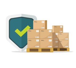 Shipping insurance for freight cargo delivery and parcel package transportation protection coverage guaranty care vector flat illustration, concept of logistics courier service guard shield