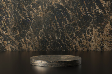 Black marble product display on luxury background with advertising backdrops. Empty pedestal podium for showing. 3D rendering.