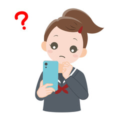 スマホを見て疑問を感じている女子学生_線なし