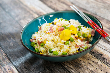 Cantonese fried basmati rice with ham and eggs