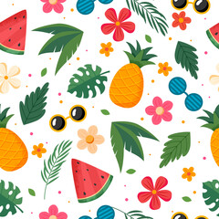 Summer pattern with fruits, leaves and flowers. Vector illustration in flat style