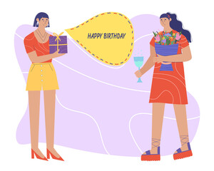 Birthday concept. Young woman gives a birthday present to her friend. A happy woman is standing with a bouquet of flowers. Vector illustration in cartoon style.