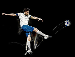 one caucasian soccer player man isolated on black background with light painting speed effect