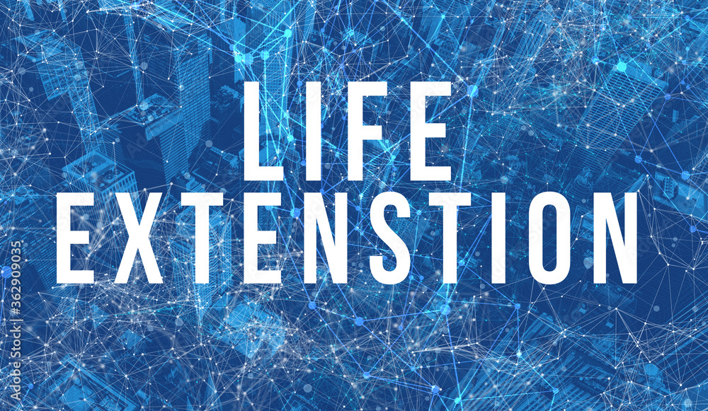 Poster life extension theme with abstract network patterns and skyscrapers