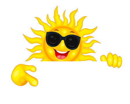 Joyful sun in sunglasses points a hand.Cheerful cartoon sun in sun glasses. The smiling sun shows a direction with his hand, invites, pays attention. Sun on a white background 