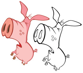 Vector Illustration of a Cute Cartoon Character Pig for you Design and Computer Game. Coloring Book Outline Set