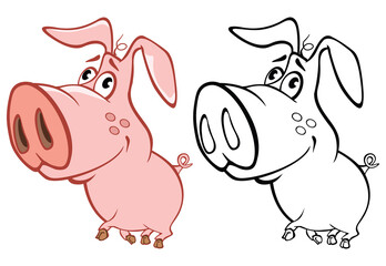 Vector Illustration of a Cute Cartoon Character Pig for you Design and Computer Game. Coloring Book Outline Set 
