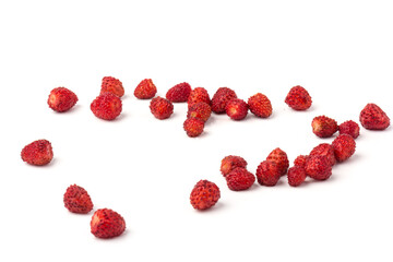 Macro view wild strawberry on white background. Forest red berries