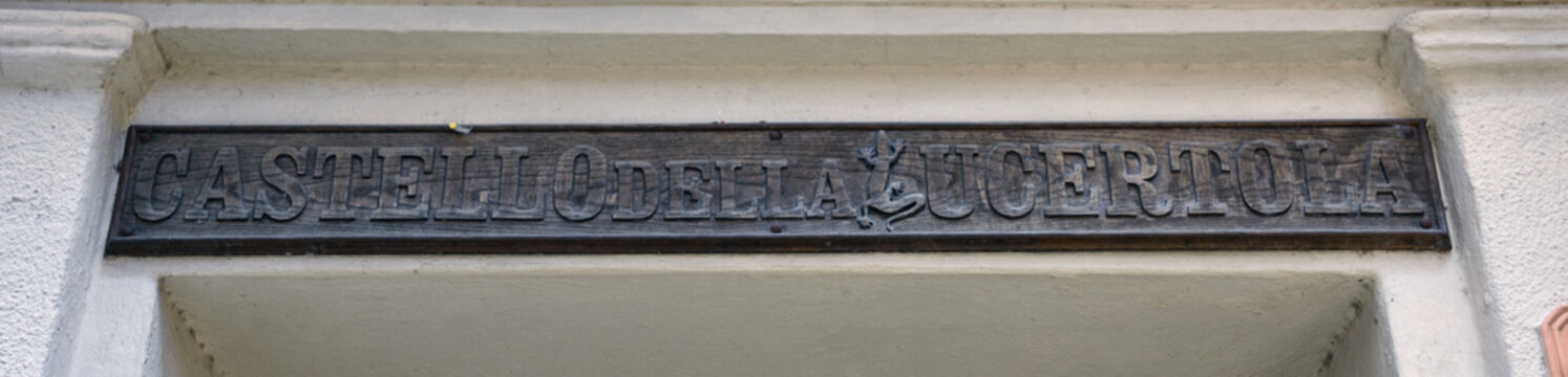 sign of entrance to the castle of the lizard (lucertola) in the village of apricale Imperia Italy