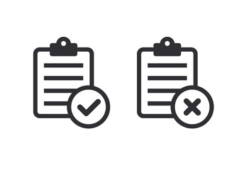 Document icon. Paper icon. Check mark. cross signs. Checkmark OK and  X icons. Symbols YES and NO. Reject file. Accept document. Unaccepted document. Clipboard icon. Task done. Project completed. Task