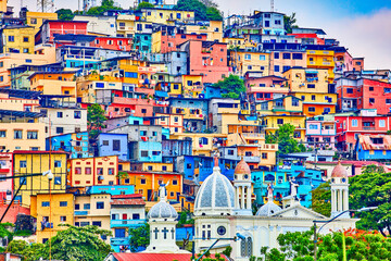 colorful houses of Las Penas on santa Anna hill district landmark of Guayaquil Ecuador in south america - obrazy, fototapety, plakaty