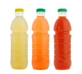 Three juice bottles isolated on white. Studio shot.