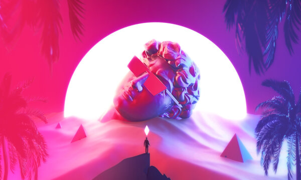 Vaporwave Aesthetic Art 3d Illustration With Stone Head In The Desert And Neon Glowing Lights