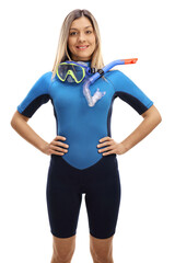 Woman in a snorkeling suit and mask with tube
