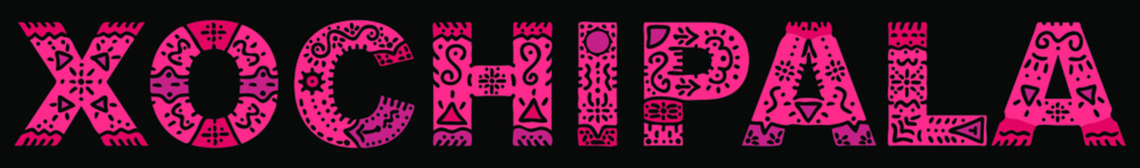 Xochipala. Red isolated inscription with national ethnic ornament. Patterned Mexican Xochipala for print, clothing, t-shirt, souvenir, booklet, poster, flyer, card, advertising. Stock vector picture.