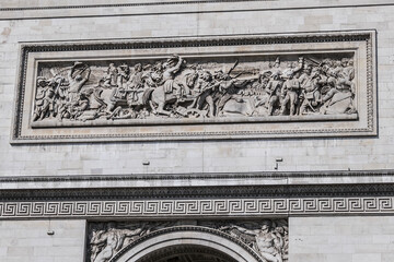 Architectural fragment of Arc de Triomphe. Arc de Triomphe de l'Etoile on Charles de Gaulle Place...