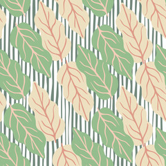 Botanical leaves seamless pattern on stripes background. Green foliage endless wallpaper.