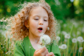 a small curly haired blonde girl blows on dandelions in a clearing