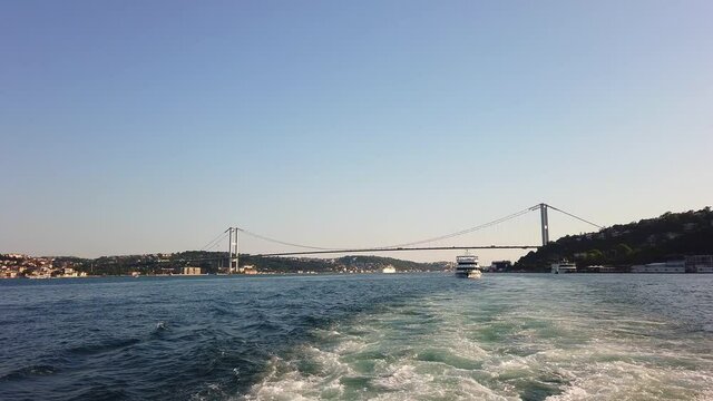 Bosporus Feribot tour.silhouettes of Hagia Sophia, Suleymaniye, Blue Mosque.