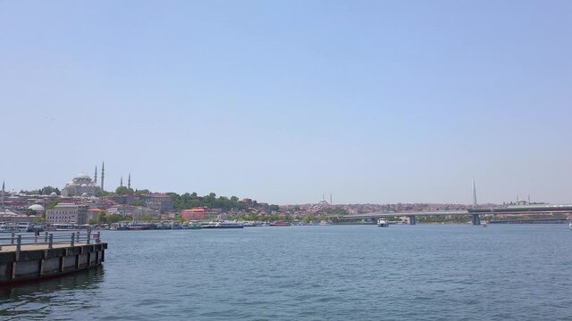 Bosporus Feribot tour.silhouettes of Hagia Sophia, Suleymaniye, Blue Mosque.