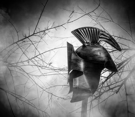 Antique Spartan Helmet in foggy forest.