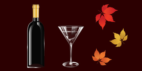 Bottle of wine, glass, beautiful autumn maple leaves - vector. Holidays. Gift idea. Banner