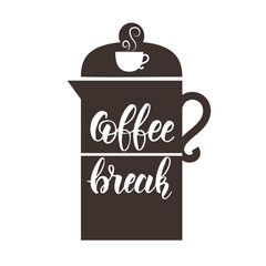 Vector Coffee concept with coffee in turk and hand made lettering -coffe break isolated on white. For menu of restaurants, cafes, prints. Hand drawn motivation quote