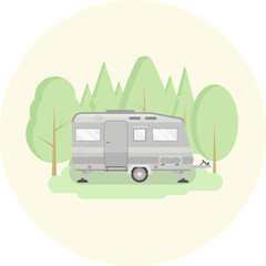 Graphic icon of camper trailer for traveling. Caravan on the background of green trees. Flat design.